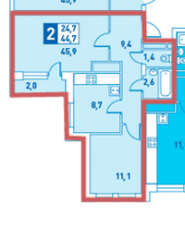Двухкомнатная квартира 45.9 м²