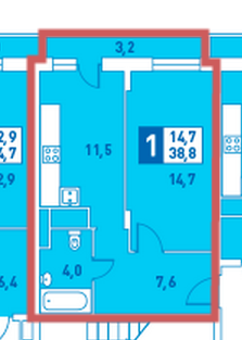 Однокомнатная квартира 38.8 м²